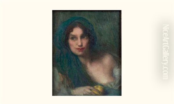 Femme Au Foulard Bleu Et Au Citron Oil Painting by Edmond Francois Aman-Jean