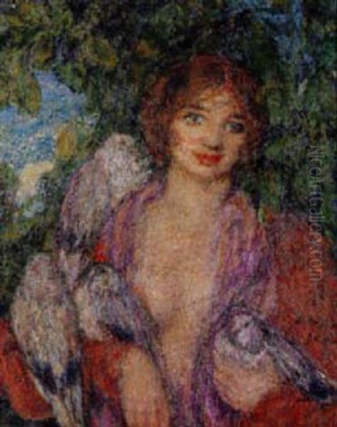 Jeune Femme A L'oiseau Oil Painting by Edmond Francois Aman-Jean