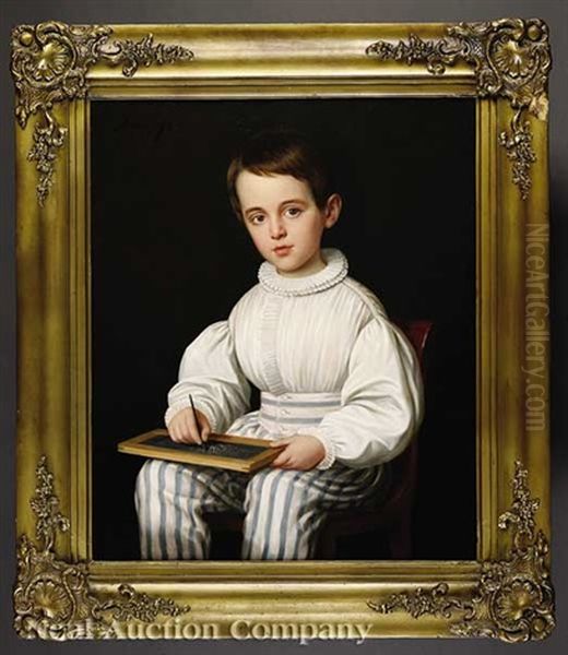 Portrait Of Robert Roman (1830-1855) Holding A School Slate Board by Jacques Guillaume Lucien Amans