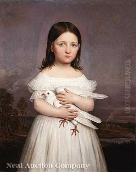 Portrait Of Jeanne Roman (1836-1889) Holding A Dove, Daughter Of Aimee Francoise Parent (b. 1797) And Louisiana Governor Andre Bienvenu Roman (1795-1866) Oil Painting by Jacques Guillaume Lucien Amans