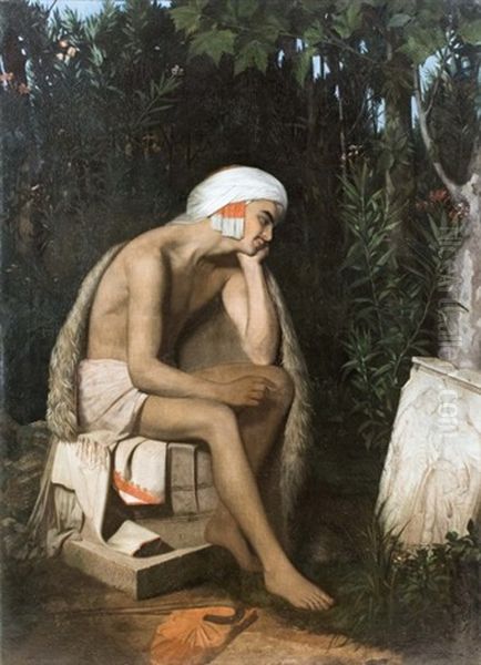 Un Jeune Patre Decouvre Un Bas-relief Antique Sur Le Bord D'un Ruisseau Ou Il Allait Se Baigner Oil Painting by Eugene Emmanuel Amaury-Duval (Pineu)