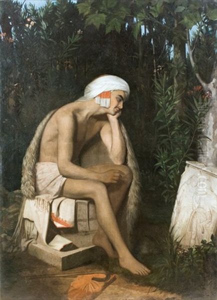 Un Jeune Patre Decouvre Un Bas-relief Antique Sur Le Bord D'un Ruisseau Ou Il Allait Se Baigner Souvenir De Moree Dit Le Berger Grec Oil Painting by Eugene Emmanuel Amaury-Duval (Pineu)