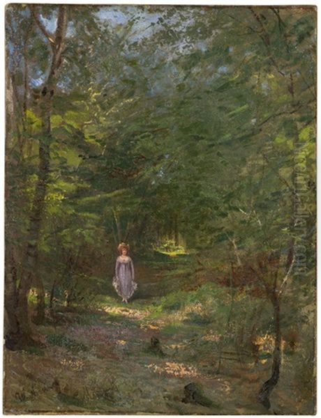 Sommerliches Waldstuck Bei Misdroy Mit Einer Jungen Frau Im Violetten Kleid Oil Painting by Wilhelm August Lebrecht Amberg