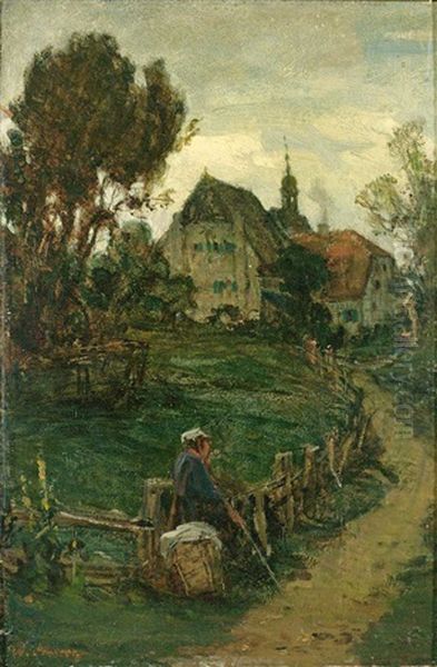 Rastender Wanderer Vor Grosem Hofgut Oil Painting by Wilhelm August Lebrecht Amberg