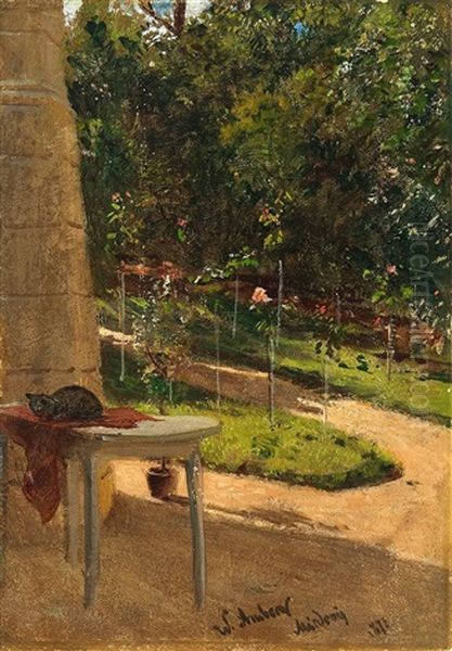 Gartenansicht Mit Katze Auf Dem Tisch Oil Painting by Wilhelm August Lebrecht Amberg