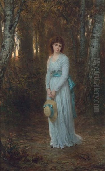 Meditation: Junge Frau Im Weisen Sommerkleid In Einem Birkenwaldchen Oil Painting by Wilhelm August Lebrecht Amberg