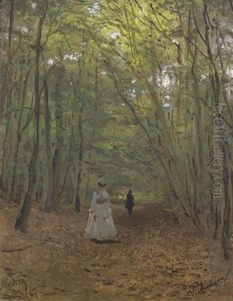 Waldweg Mit Dame In Weissem Kleid Oil Painting by Wilhelm August Lebrecht Amberg