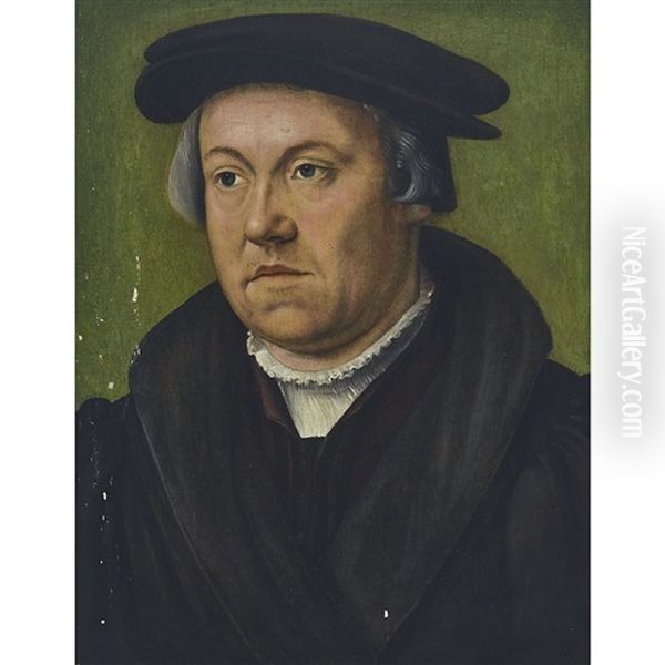 Portrait Of A Townsman, Head-and-shoulders (to The Left) Wearing A Black Cloth Cap, Black Cloak And Ruffled Collar, Before A Green Background Oil Painting by Christoph Amberger