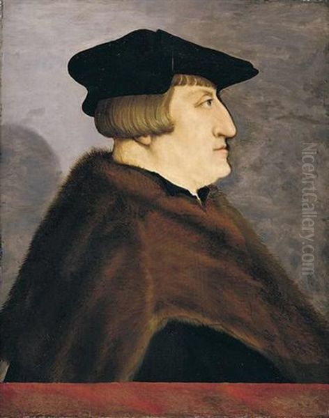 Portrait Of A Gentleman Wearing A Black Hat And Jacket With A Fur Coat, Before A Parapet Oil Painting by Christoph Amberger