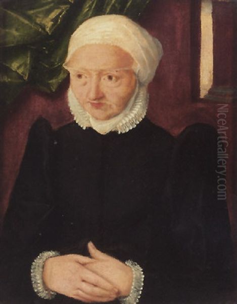 Portrait Of An Elderly Lady Wearing A Black, Lace-trimmed Dress And A White Headdress Oil Painting by Christoph Amberger