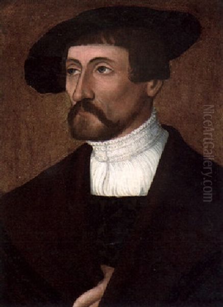 Portrait Of A Man Wearing A Black Cloth Cap And Brown Cloak Oil Painting by Christoph Amberger