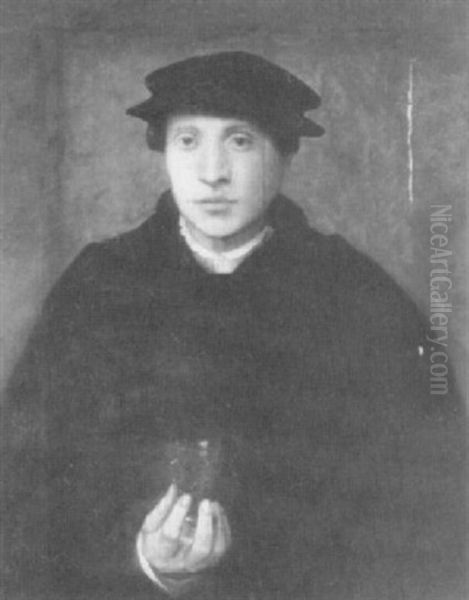 Portrait Of A Young Man, Half Length In A                   Black Cloak And Cap, Holding A Glass Oil Painting by Christoph Amberger