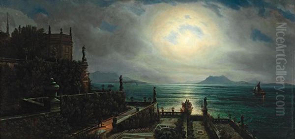 The Isola Bella On Lago Maggiore In The Moonlight Oil Painting by Gustave Adolph Amberger