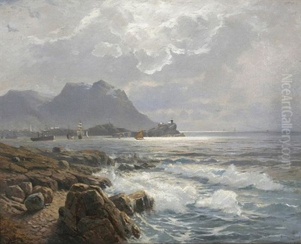 Kustenlandschaft Mit Segelbooten Oil Painting by Gustave Adolph Amberger