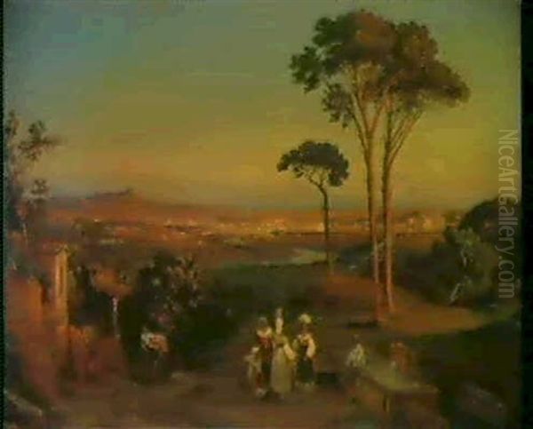 Italienskt Landskab Med Kvinder Ved                         Brond, Udsigt Mod Rom Oil Painting by Gustave Adolph Amberger