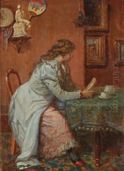 Interior With A Woman Reading A Letter Oil Painting by Manuel Amell