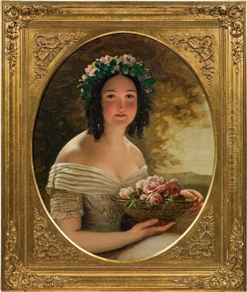 Girl With A Bowl Of Roses Oil Painting by Friedrich von Amerling