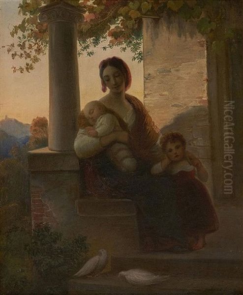 Junge Italienerin Mit Zwei Kindern Vor Dem Haus Oil Painting by Friedrich von Amerling