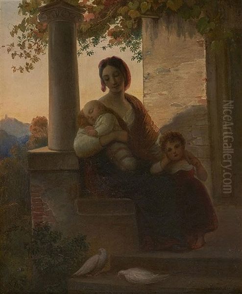 Italian Woman Accompanied By Her Children Oil Painting by Friedrich von Amerling