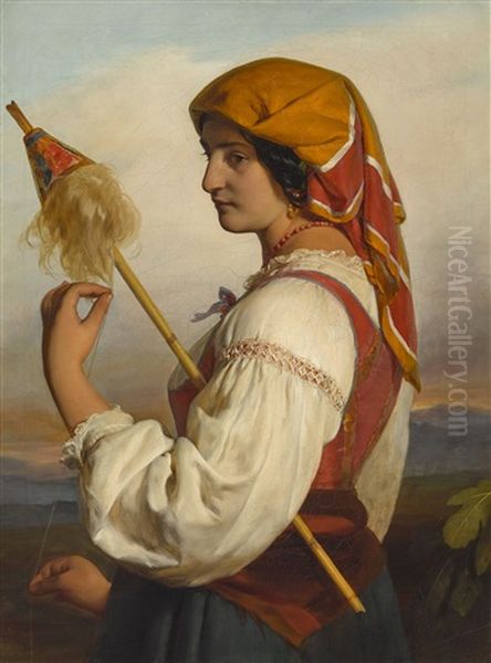 Italienerin (chiaruccia) Mit Spinnrocken Oil Painting by Friedrich von Amerling