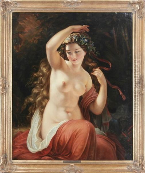 A Nude Beauty With Red Drape Oil Painting by Friedrich von Amerling