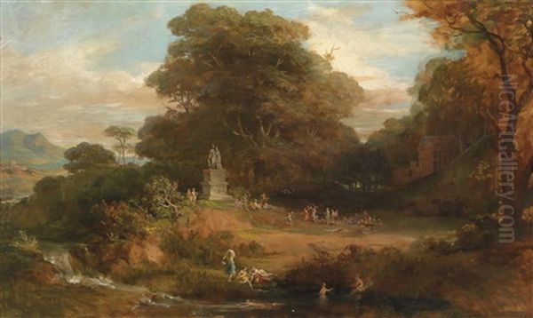 Grose Ideale Griechische Landschaft, Im Hintergrund Gotterstand Auf Hohem Postament, Rechts Im Hintergrund Ein Tempel, Der Hain Belebt Mit Tanzenden Und Badenden Nymphen Oil Painting by Friedrich von Amerling