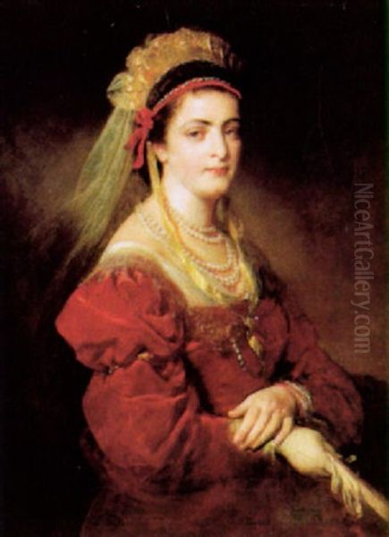 Bildnis Einer Dame In Weinrotem Samtkleid Und Haube Oil Painting by Friedrich von Amerling