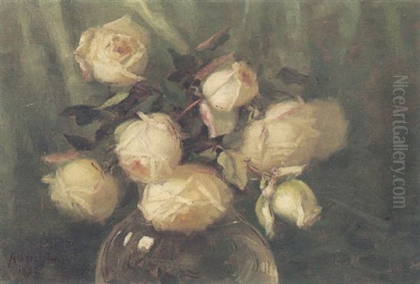 White Roses In A Glass Vase Oil Painting by Albert Ames