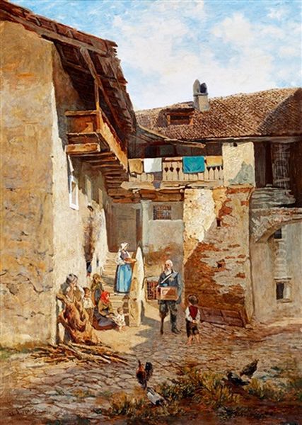 Organ-grinder On The Yard Oil Painting by Eduard Ameseder