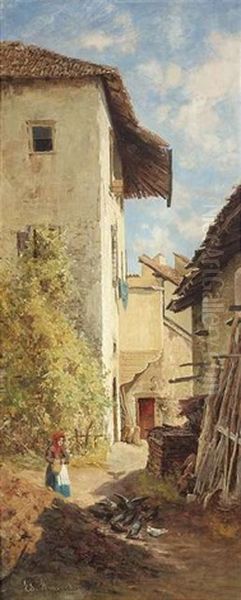 Bauerin Im Hof Eines Sudlichen Landguts (+ Jager An Der Treppe Eines Sudlichen Schlosses; Pair) Oil Painting by Eduard Ameseder