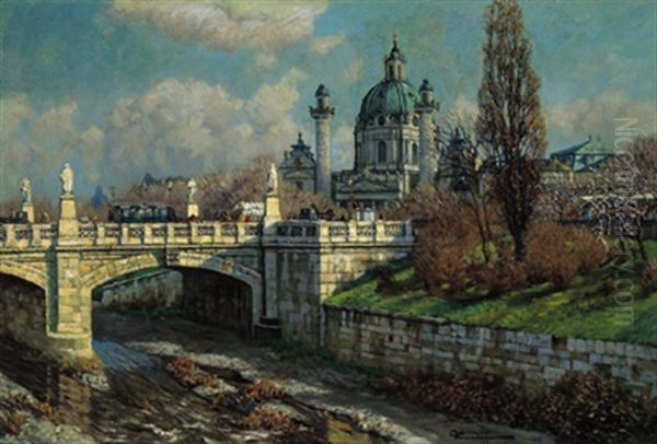 Blick Auf Die Karlskirche, Im Vordergrund Die Elisabethbrucke Oil Painting by Eduard Ameseder