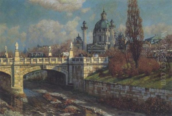 Blick Auf Die Karlskirche, Im Vordergrund Die Elisabethbrucke Oil Painting by Eduard Ameseder