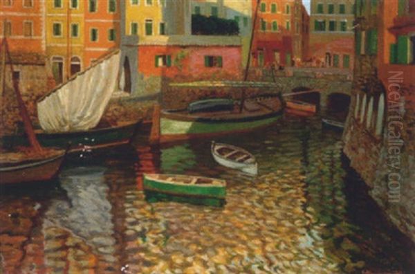 Kleiner Hafen Von Camogli, Riviera, Levante Oil Painting by Eduard Ameseder