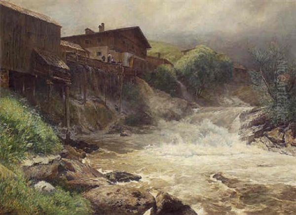 Bauernhauser Am Ufer Des Gischtenden Wasserfalls Oil Painting by Eduard Ameseder