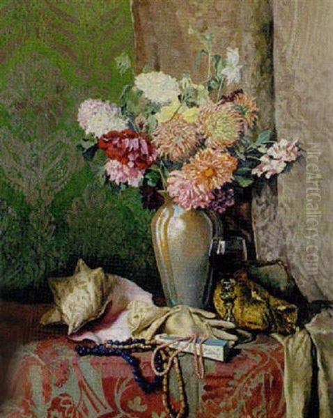 Grosses Blumenstilleben Mit Ziergegenstanden Oil Painting by Eduard Ameseder