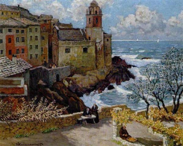 Tellaro An Der Rivier Levante Bei Spezzia Oil Painting by Eduard Ameseder