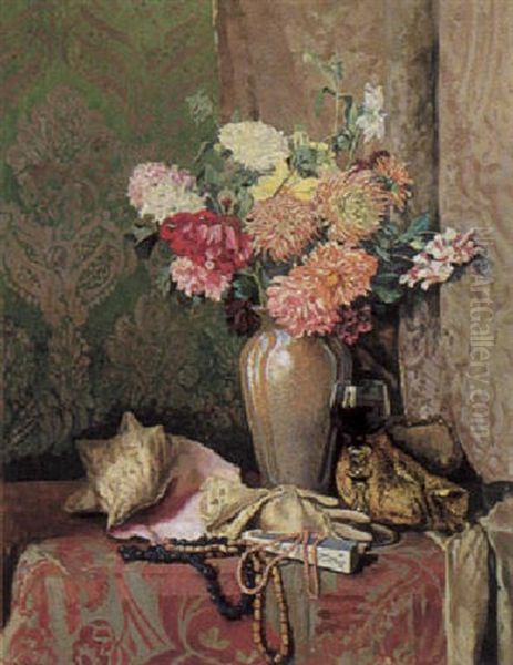 Groses Blumenstilleben Mit Ziergegenstanden Oil Painting by Eduard Ameseder