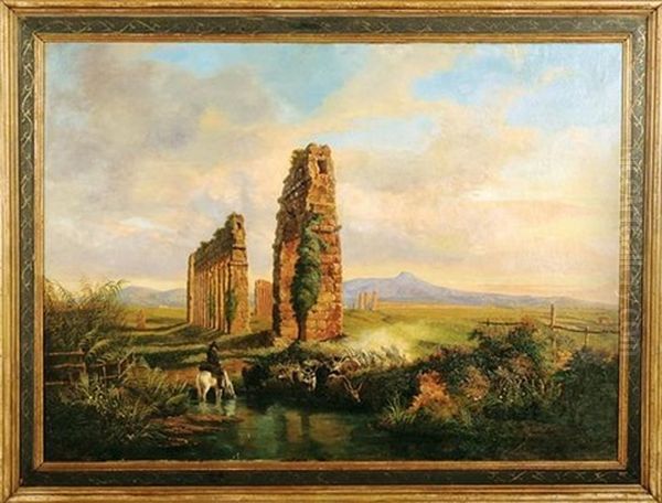 Ruins Within Italian Landscape Oil Painting by Domenico Amici