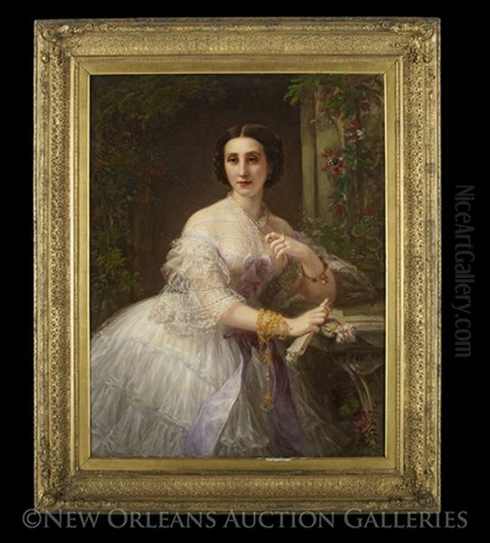 Portrait Of A Lady In White, Under An Arbor Oil Painting by Bernardo Amiconi