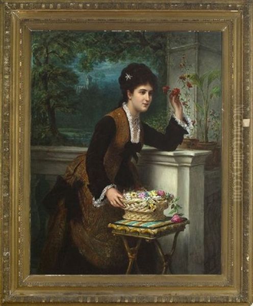 An Elegant Lady Arranging Flowers On A Balcony Overlooking A Landscape Oil Painting by Bernardo Amiconi