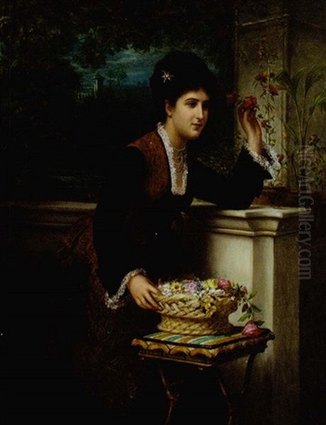 An Elegant Lady Arranging Flowers On A Balcony Overlooking A Landscape Oil Painting by Bernardo Amiconi