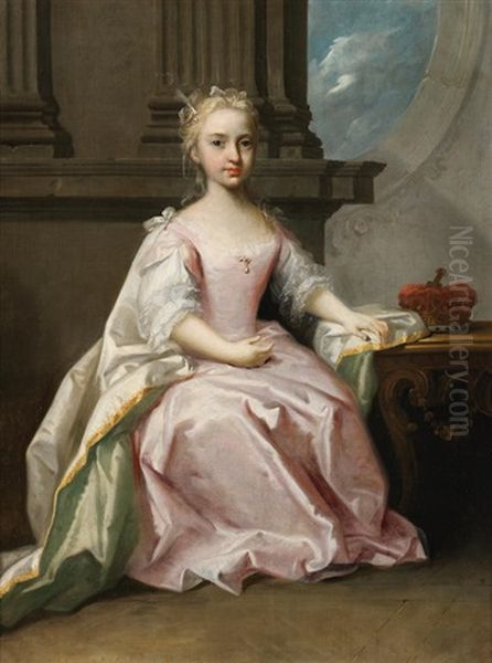 Portrait Of Princess Mary (1723-1772), Full-length, In A Pink Dress, Seated In An Interior Oil Painting by Jacopo Amigoni