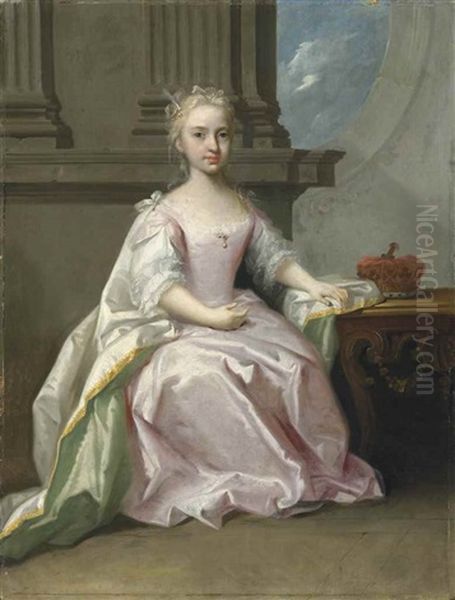 Portrait Of Princess Mary, Daughter Of King George Ii, In A Pink Satin Dress And A White And Green Satin, Gold-trimmed Cloak, With Pearls In Her Hair, Her Left Hand Resting By A Coronet Oil Painting by Jacopo Amigoni