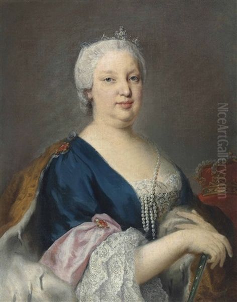 Portrait Of Maria Barbara Of Braganza, Queen Of Spain (1711-1758), Half-length, In A Blue Dress With An Ermine-lined Cloak, With A Pearl Necklace And A Tiara Oil Painting by Jacopo Amigoni