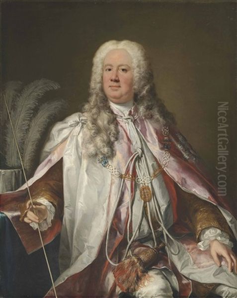 Portrait Of A Gentleman, Thought To Be Francis, 2nd Earl Of Godolphin (1678-1766), Three-quarter-length, In Robes Of The Order Of The Bath, A Wand Of Office In His Right Hand Oil Painting by Jacopo Amigoni