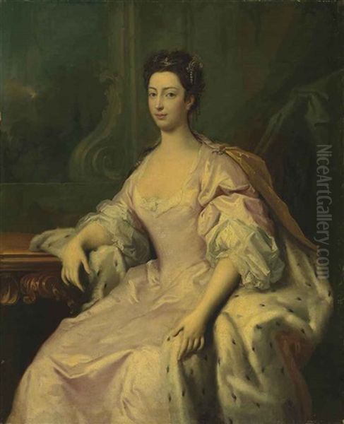 Portrait Of Princess Caroline Elizabeth (1713-1757), Daughter Of King George Ii, Three-quarter-length, In A Pink Dress And Ermine-lined Cloak Oil Painting by Jacopo Amigoni