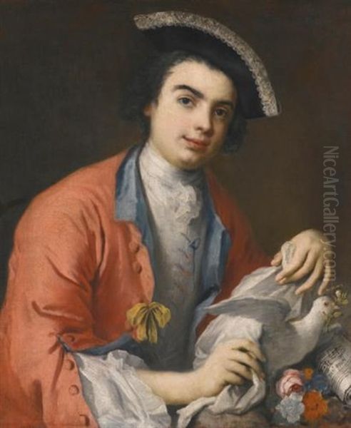 Portrait Of Carlo Broschi, Called Farinelli (1705-1782), Half Length, Wearing A Crimson Coat, A Tricorne Hat And Holding A Dove, With A Sheet Of Music Oil Painting by Jacopo Amigoni