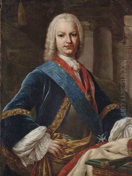 Portrait Of King Ferdinand Vi Of Spain (1713-1759), Half-length, In A Breastplate, A Blue Frock Lined With Gold Embroidery, Wearing A Sash Oil Painting by Jacopo Amigoni