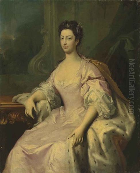 Portrait Of Princess Caroline Elizabeth (1713-1757), Daughter Of King George Ii, Three-quarter-length, In A Pink Dress And Ermine-lined Cloak by Jacopo Amigoni