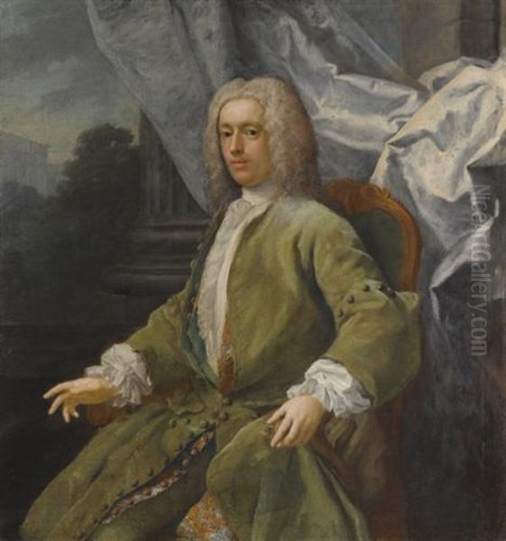 Portrait Of A Seated Gentleman, Three Quarter Length, Wearing A Green Jacket, A Landscape Beyond Oil Painting by Jacopo Amigoni